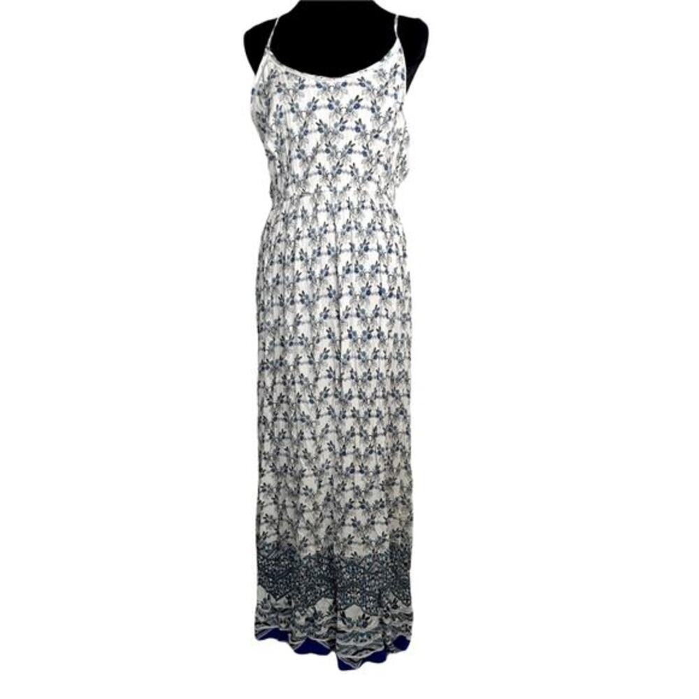 $118 NEW AQUA Floral Maxi Dress SM Boho Romantic Cottagecore Gauze White Blue